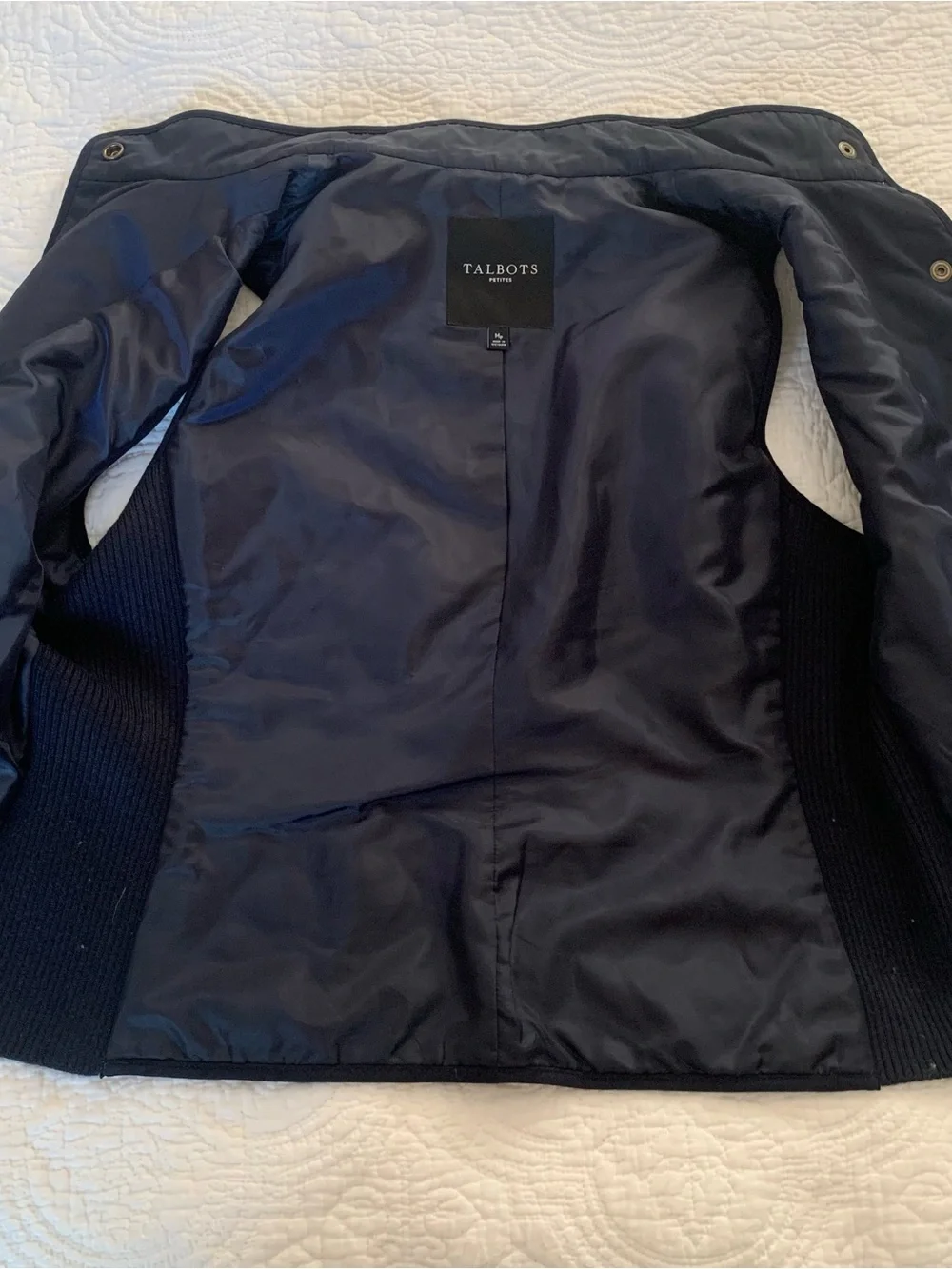 Talbots Petite Puffer Vest Quilted Sz PM Navy Snap Front Ribbed Preppy Gorpcore